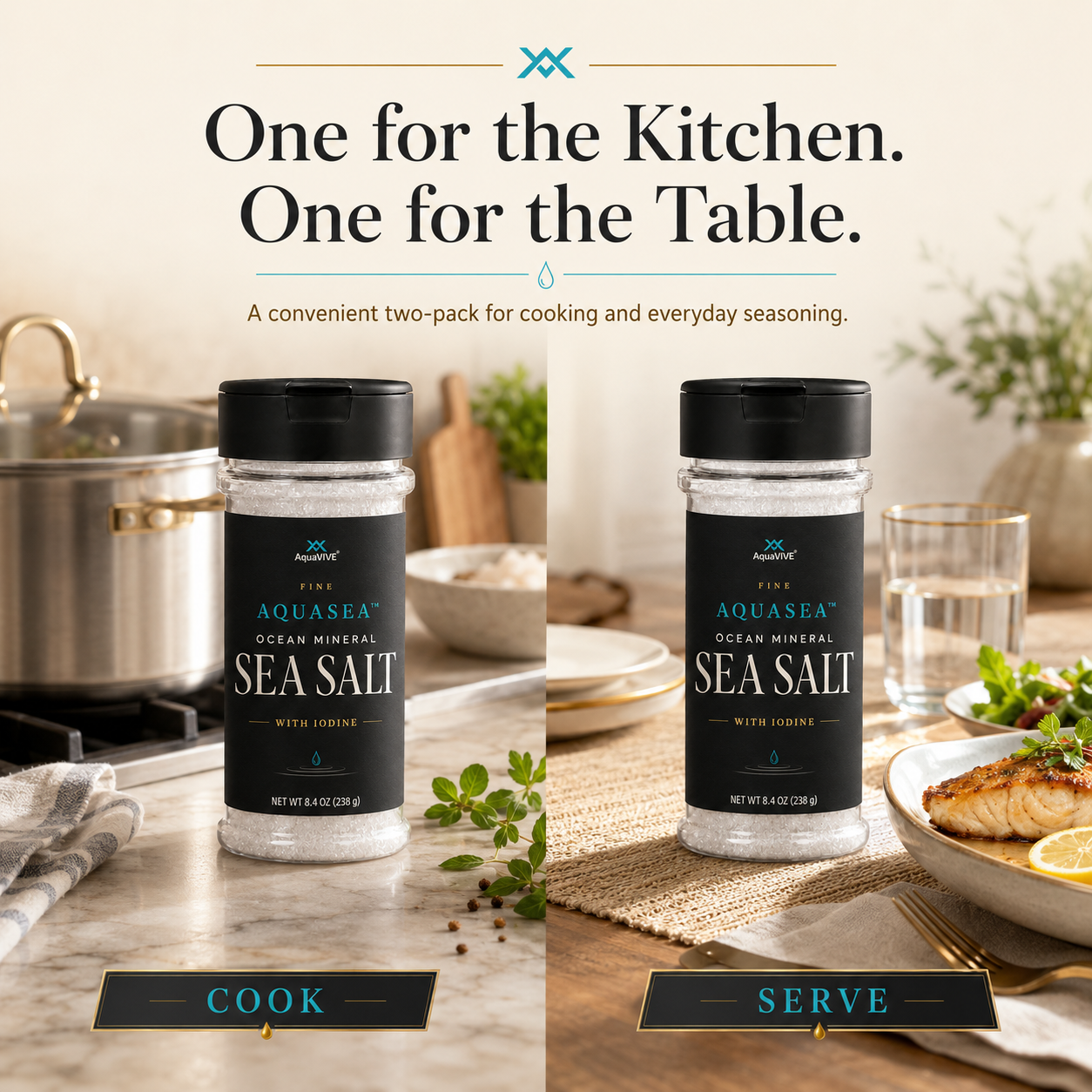 Two AquaVIVE AQUASEA™ sea salt shakers for kitchen cooking and table serving
