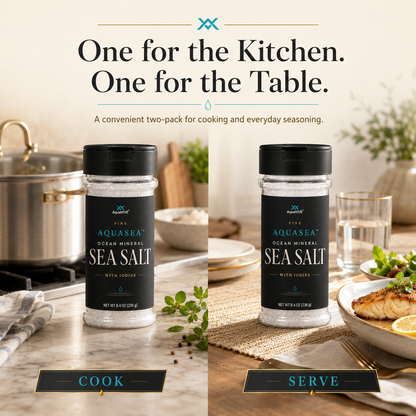 Two AquaVIVE AQUASEA™ sea salt shakers for kitchen cooking and table serving