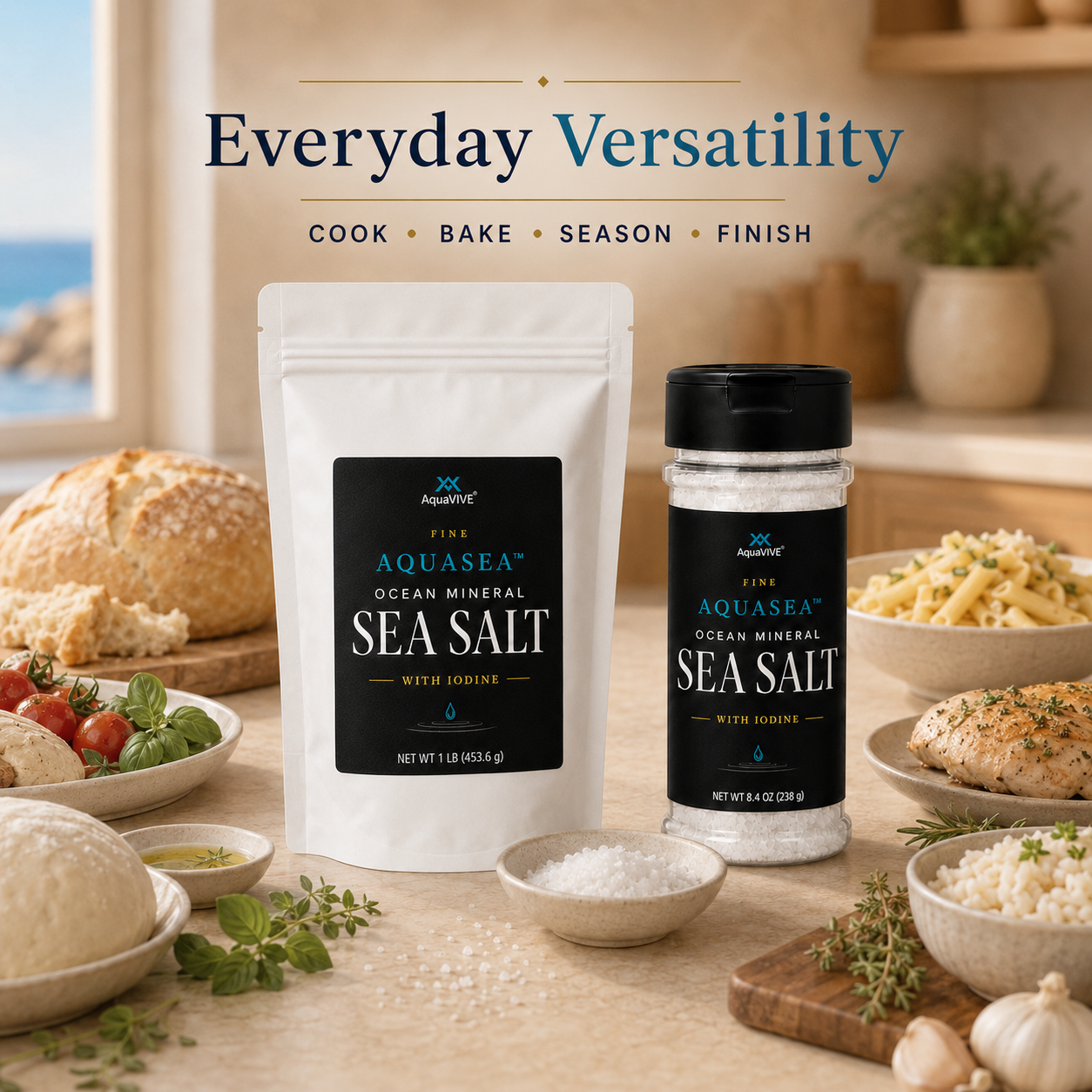 AquaVIVE AQUASEA™ sea salt pouch and shaker with bread, vegetables, pasta, rice, and protein for everyday cooking.