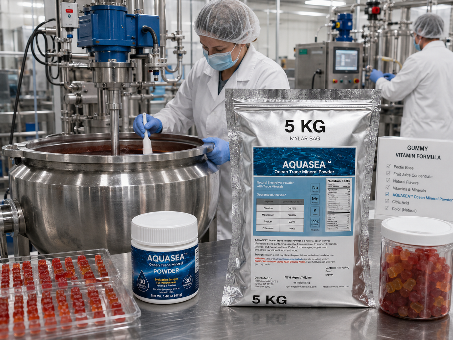 AQUASEA™ Ocean Trace Mineral Powder 5 kg bulk ingredient bag and evaluation sample jar used in commercial gummy vitamin manufacturing with stainless steel mixing kettles and pharmaceutical-grade production equipment.