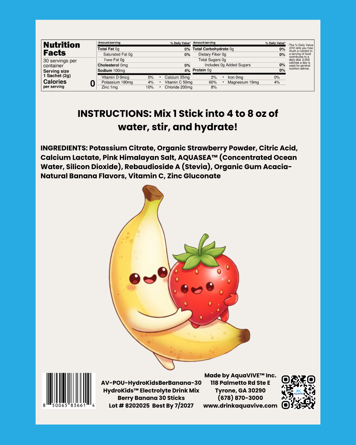 HydroKids™ Healthy Berry Banana 30 Serving Sticks (No Sugar Added, No Dyes, No Artificial Ingredients)