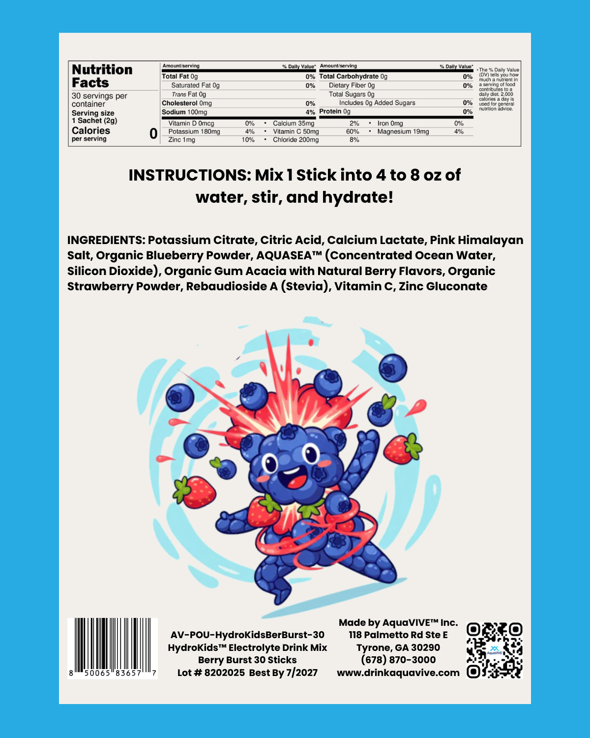 HydroKids™ Healthy Hydration Berry Burst 30 Serving Sticks (No Sugar Added, No Dyes, No Artificial Ingredients)