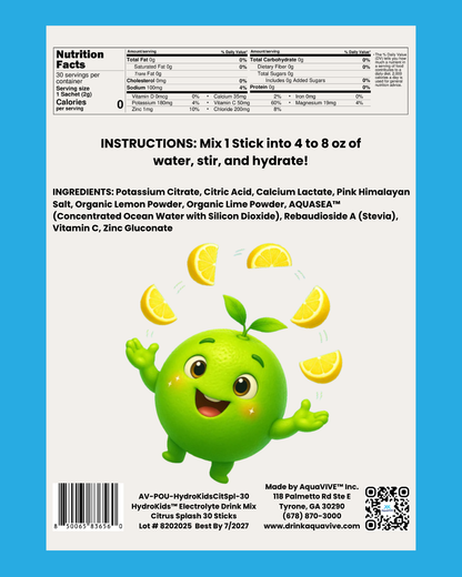 HydroKids™ Healthy Hydration Citrus Splash 30 Serving Sticks (No Sugar Added, No Dyes, No Artificial Ingredients)