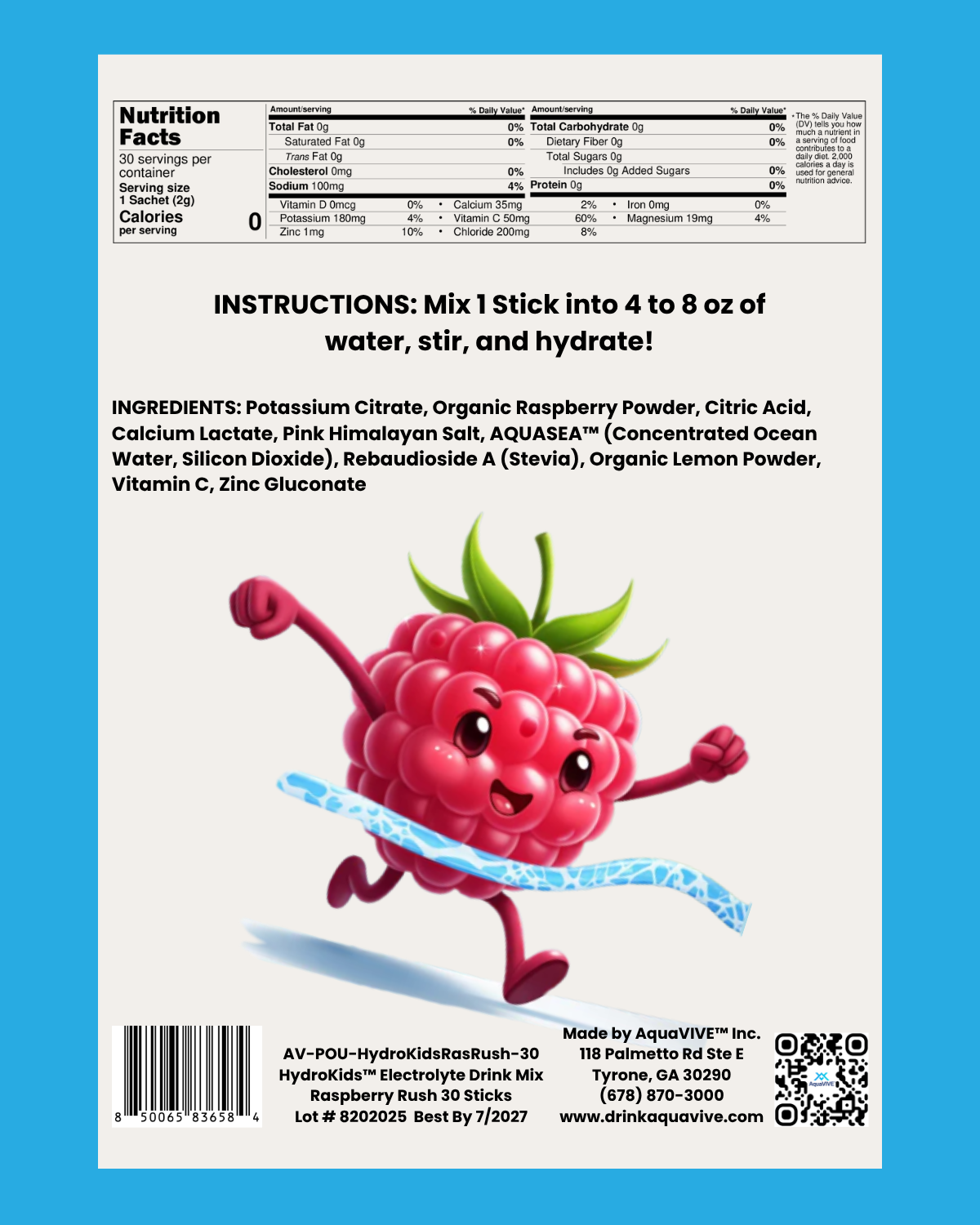 HydroKids™ Healthy Hydration Raspberry Rush 30 Serving Sticks (No Sugar Added, No Dyes, No Artificial Ingredients)