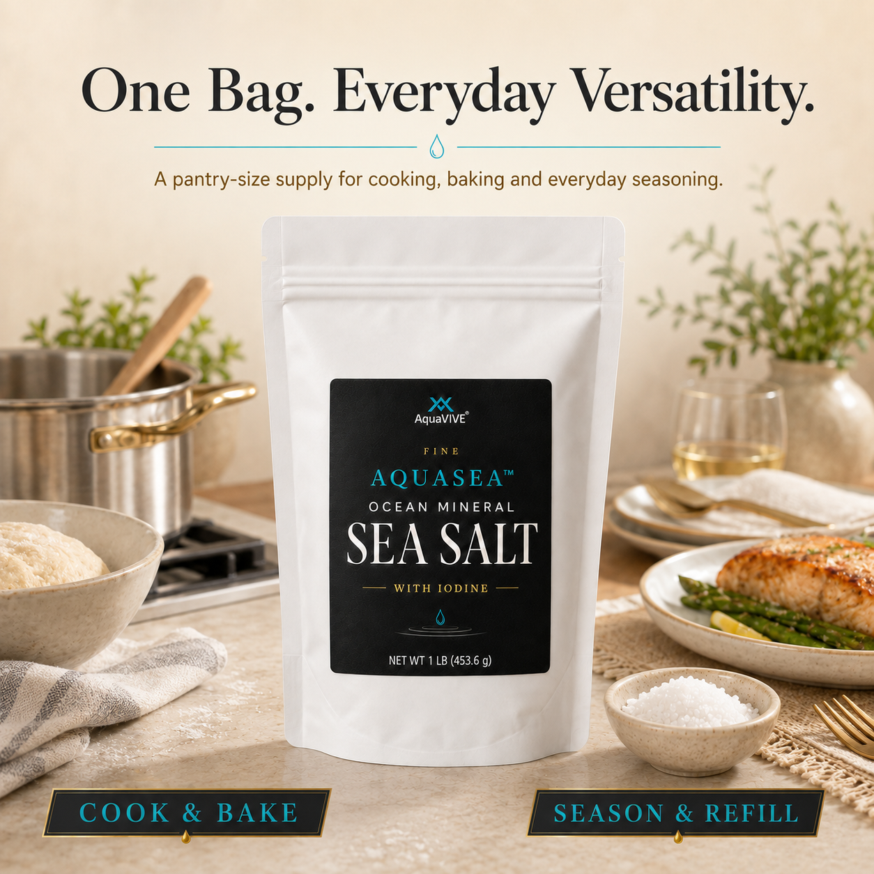 AquaVIVE AQUASEA™ Sea Salt 1 lb pouch for cooking, baking, everyday seasoning and refilling shakers.