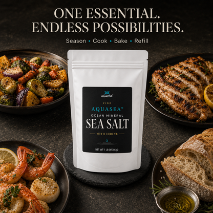 AquaVIVE Fine AQUASEA™ Sea Salt 1 lb pouch surrounded by vegetables, chicken, seafood and bread.