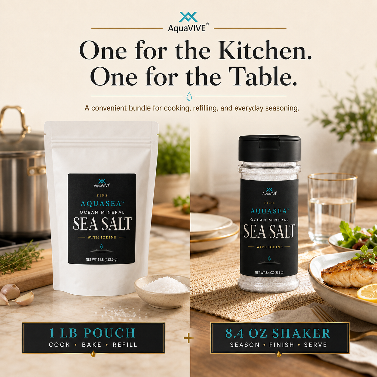 AquaVIVE AQUASEA™ 1 lb sea salt refill pouch for cooking and baking with an 8.4 oz shaker for seasoning and serving