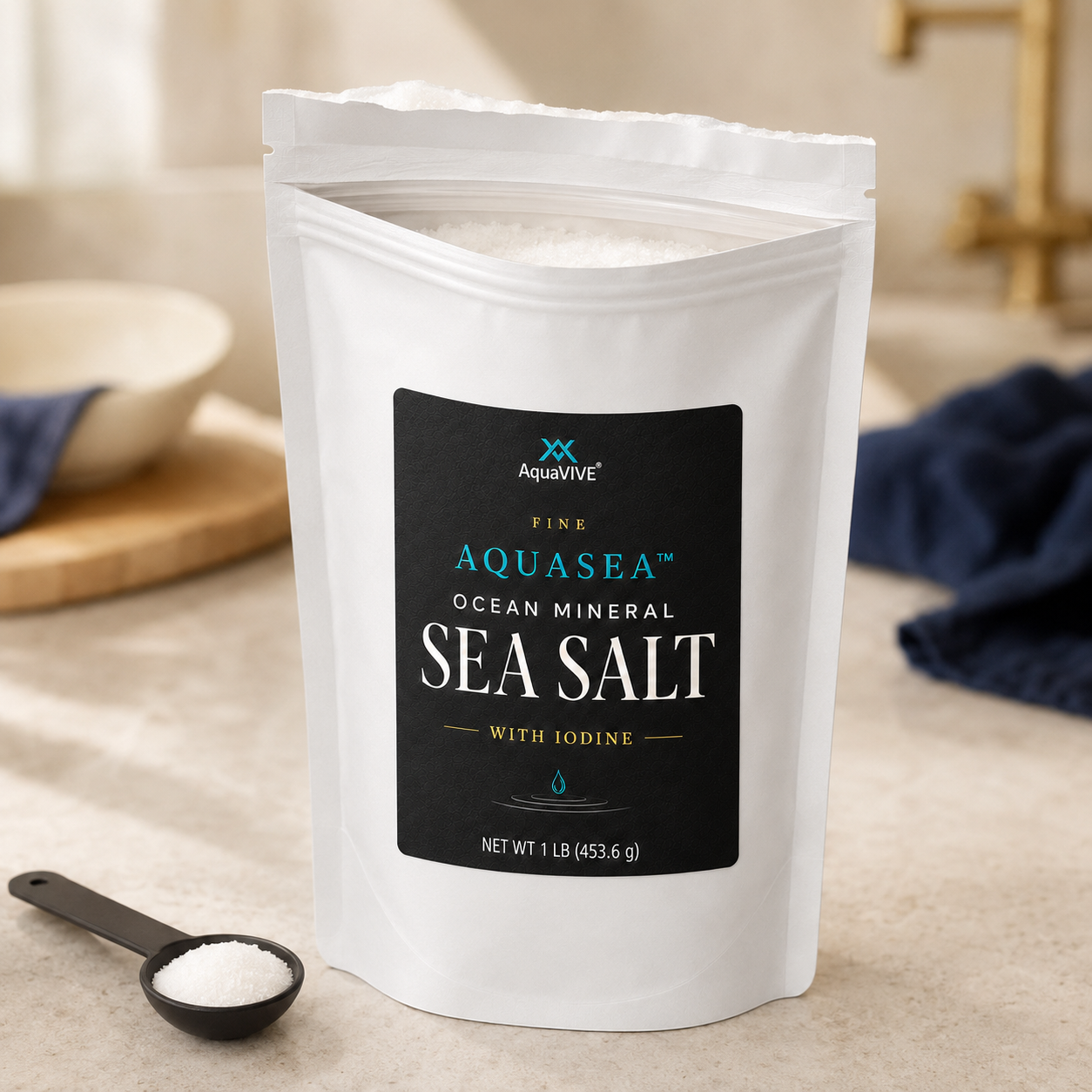 Open resealable 1 lb pouch of AquaVIVE Fine AQUASEA™ Sea Salt beside a measuring spoon.