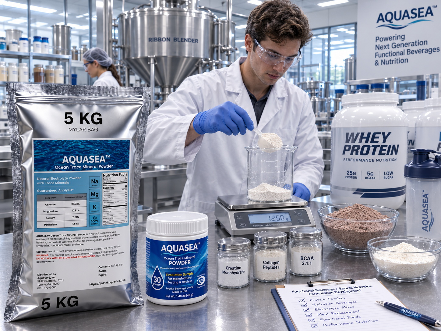 AQUASEA™ Ocean Trace Mineral Powder 5 kg bulk ingredient bag and evaluation sample jar used in commercial sports nutrition product development with protein powders, functional ingredients, and laboratory formulation equipment.