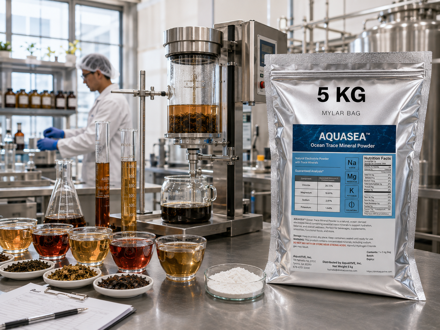 AQUASEA™ Ocean Trace Mineral Powder 5 kg bulk ingredient bag used in commercial tea product development and beverage formulation laboratory with botanical ingredients and precision brewing equipment.