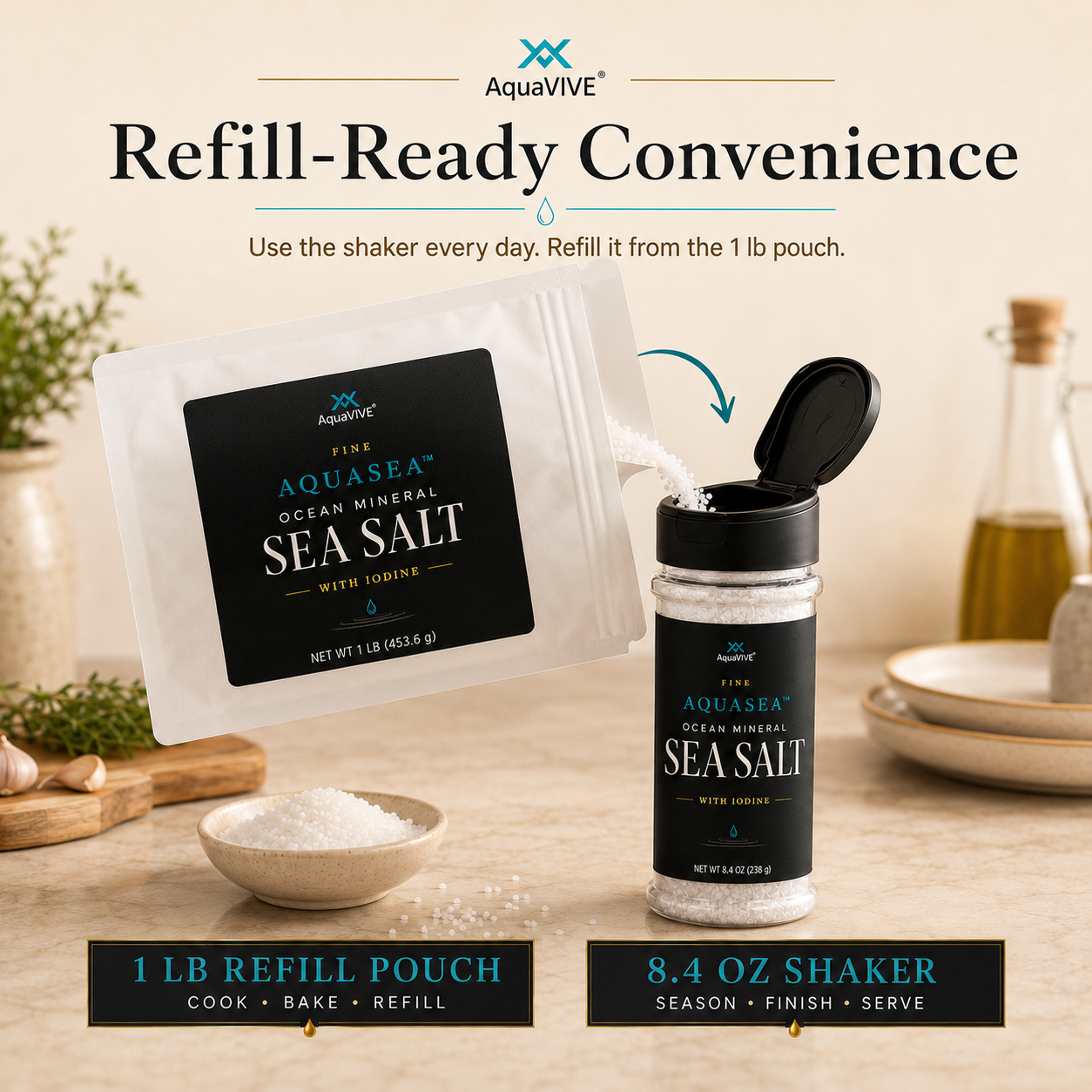 AquaVIVE AQUASEA™ 1 lb sea salt refill pouch pouring into the 8.4 oz flip-top shaker