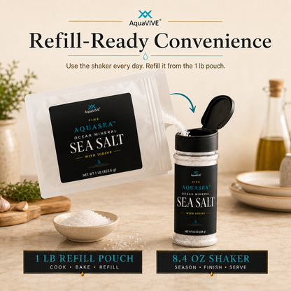 AquaVIVE AQUASEA™ 1 lb sea salt refill pouch pouring into the 8.4 oz flip-top shaker