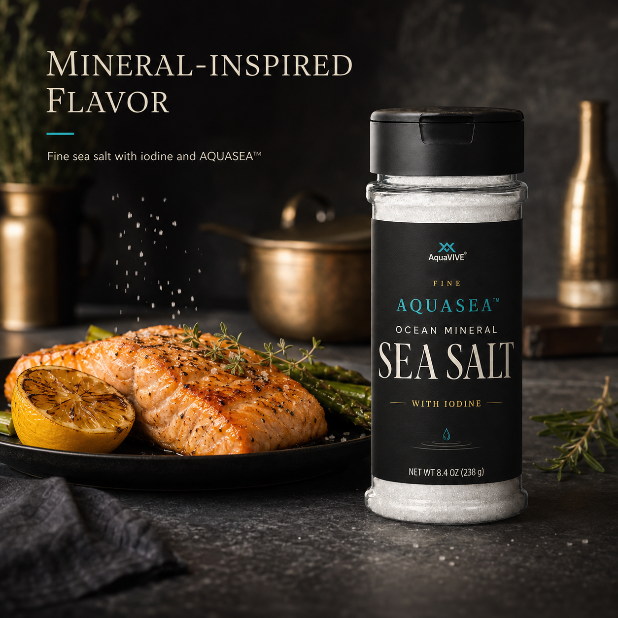 AquaVIVE AQUASEA™ ocean mineral sea salt beside a prepared salmon meal